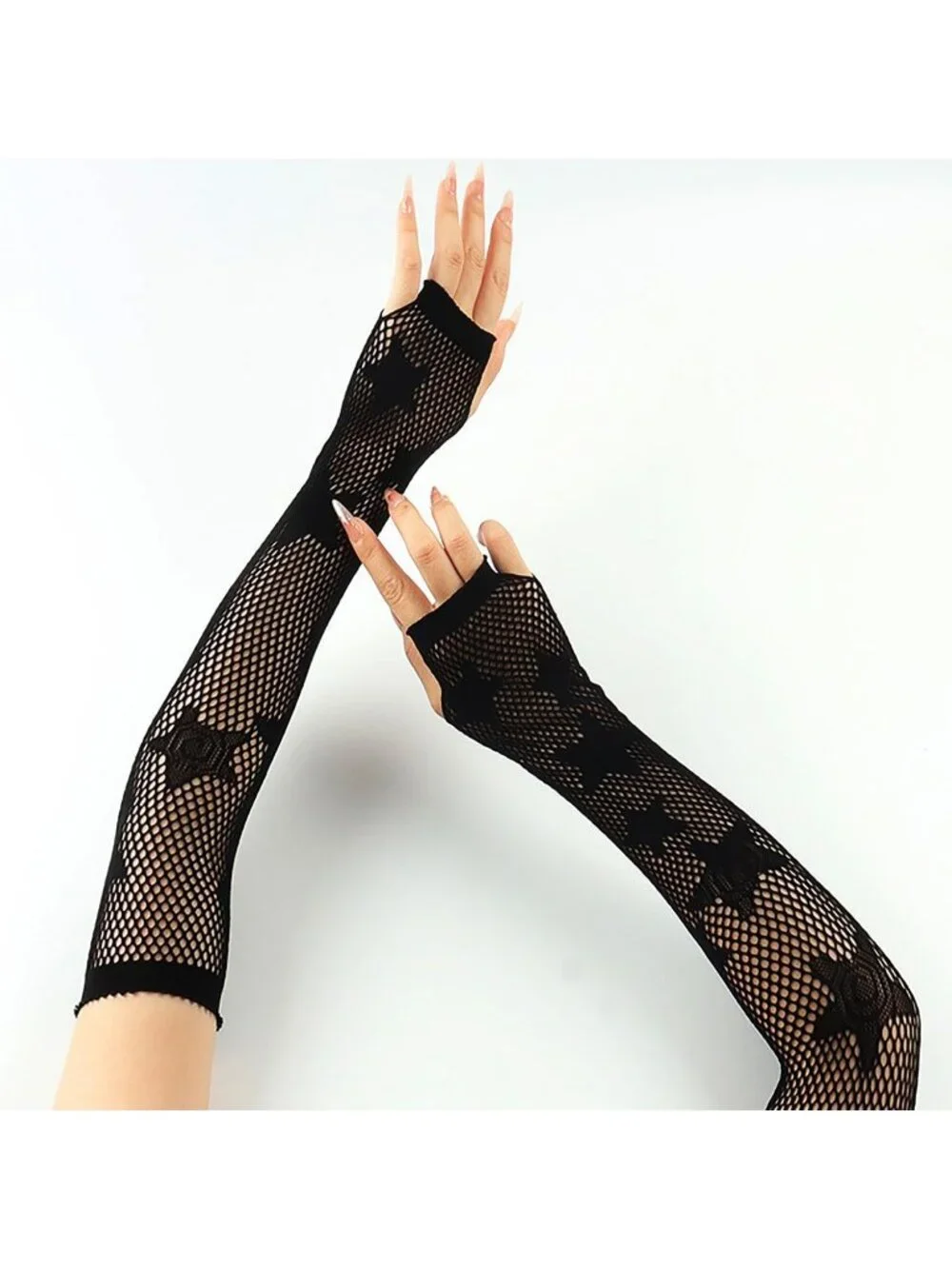 Women's Black Long Star Pattern Fishnet Fingerless Gothic Cosplay Gloves